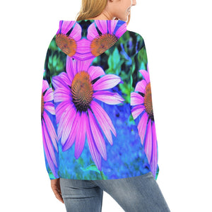 Hoodies for Women, Pink and Purple Coneflower on Blue Garden