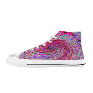 High Top Sneakers for Women, Cool Abstract Retro Hot Pink and Red Floral Swirl - White