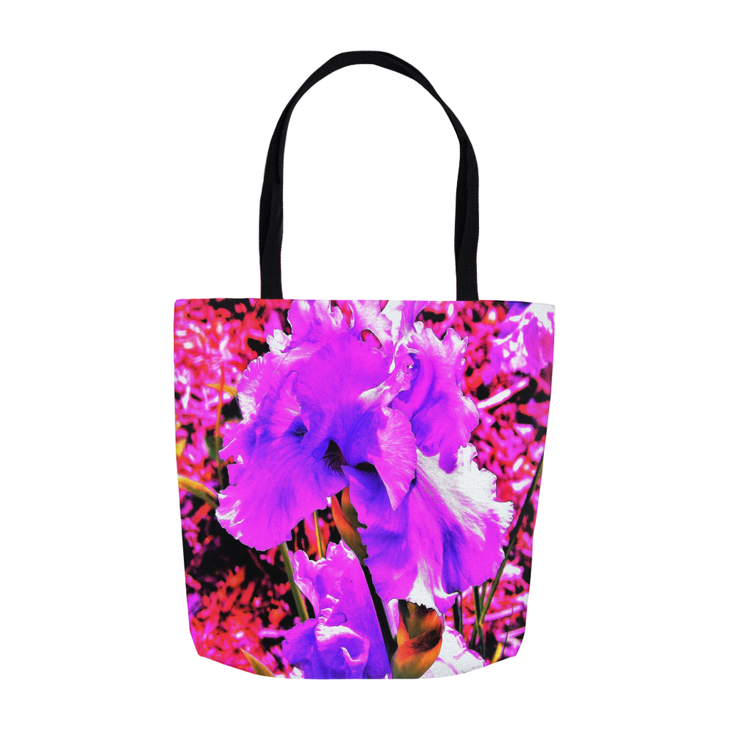 Colorful Floral Tote Bags, Abstract Ultra Violet Purple Iris on Red