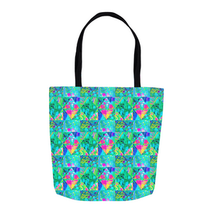 Tote Bags, Garden Quilt Painting with Hydrangea and Blues