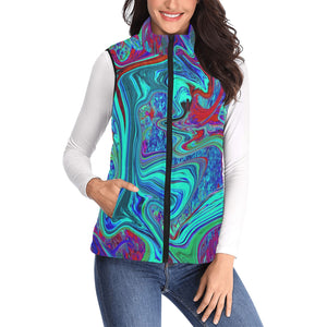 Women's Stand Collar Vest, Groovy Abstract Retro Art in Blue and Red