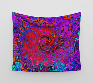 Artsy Wall Tapestry, Trippy Red and Purple Abstract Retro Liquid Swirl