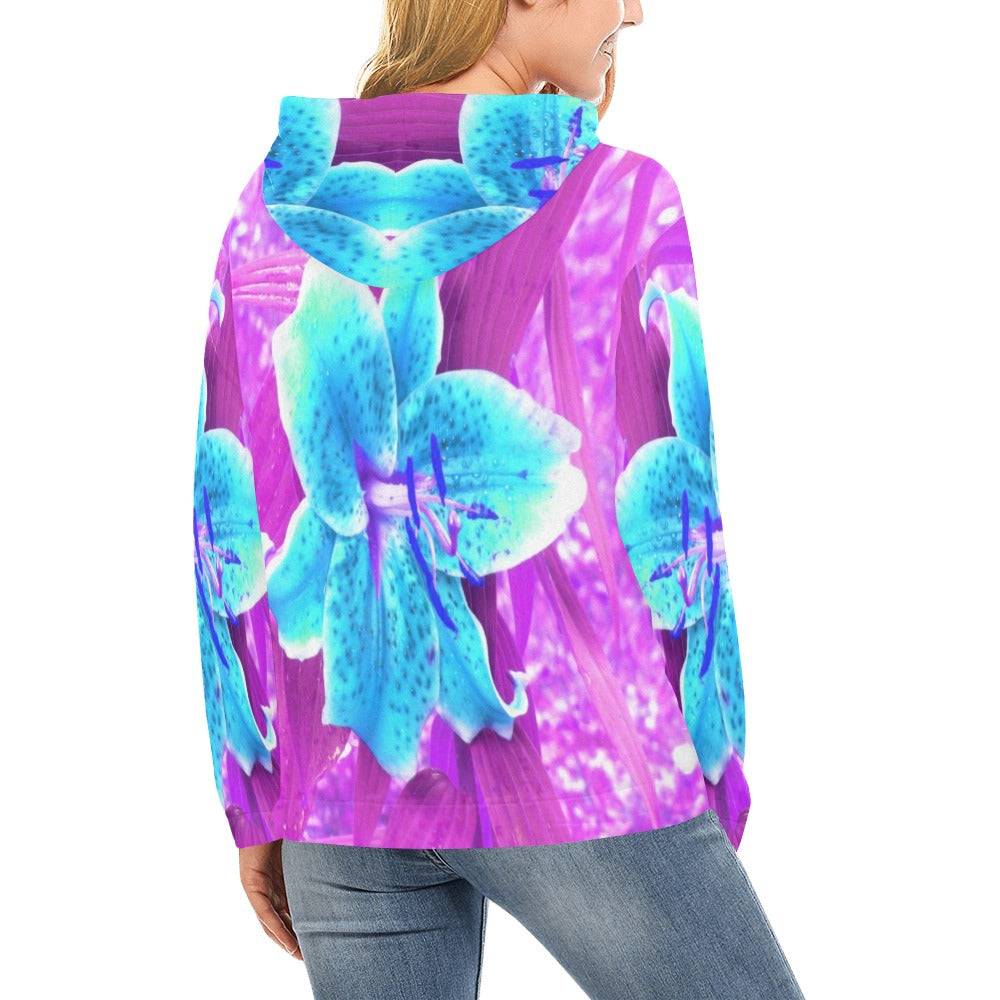 Hoodies for Women, Pretty Aqua Blue Stargazer Lily on Purple