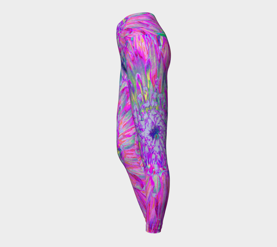 Artsy Yoga Leggings, Cool Pink, Blue and Purple Cactus Dahlia Explosion