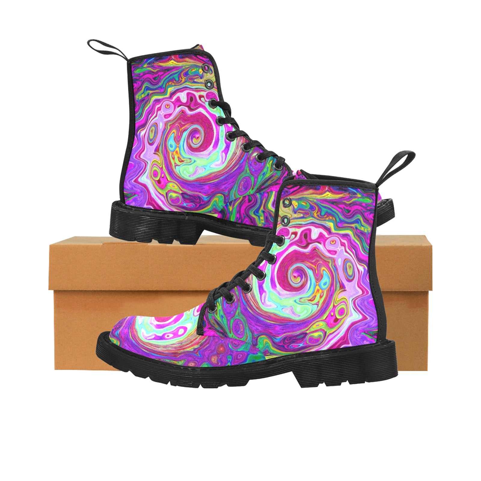 Boots for Women, Groovy Abstract Retro Magenta Rainbow Swirl - Black