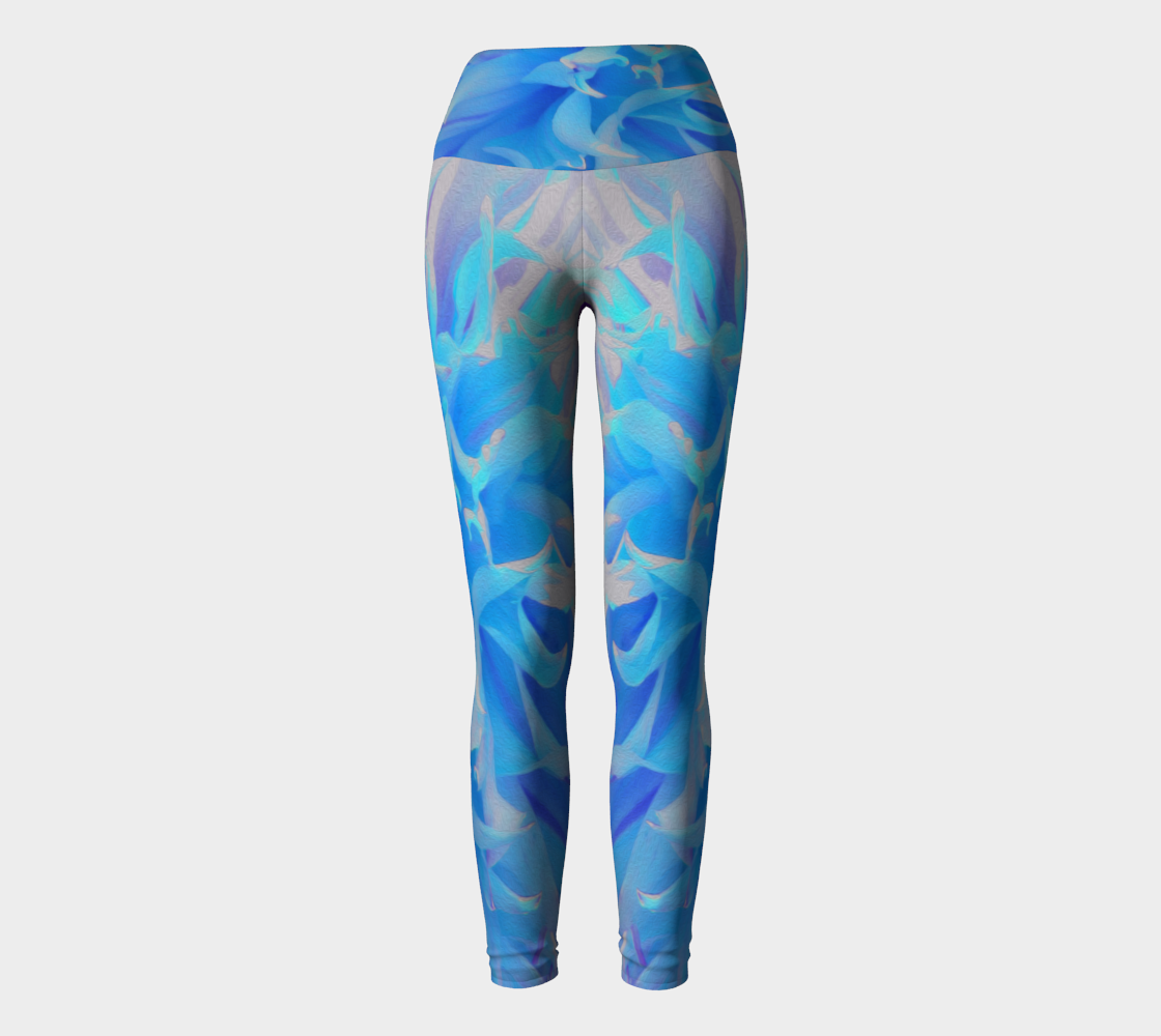 Artsy Yoga Leggings, Elegant Blue Decorative Dahlia Flower Pants