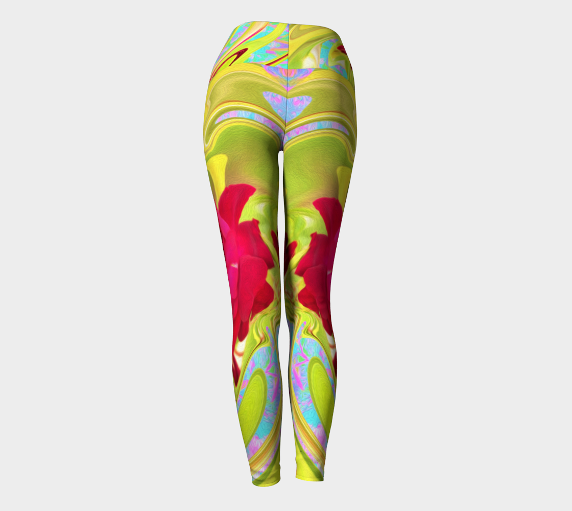Artsy Yoga Leggings, Painted Red Rose on Yellow and Blue Abstract Pants
