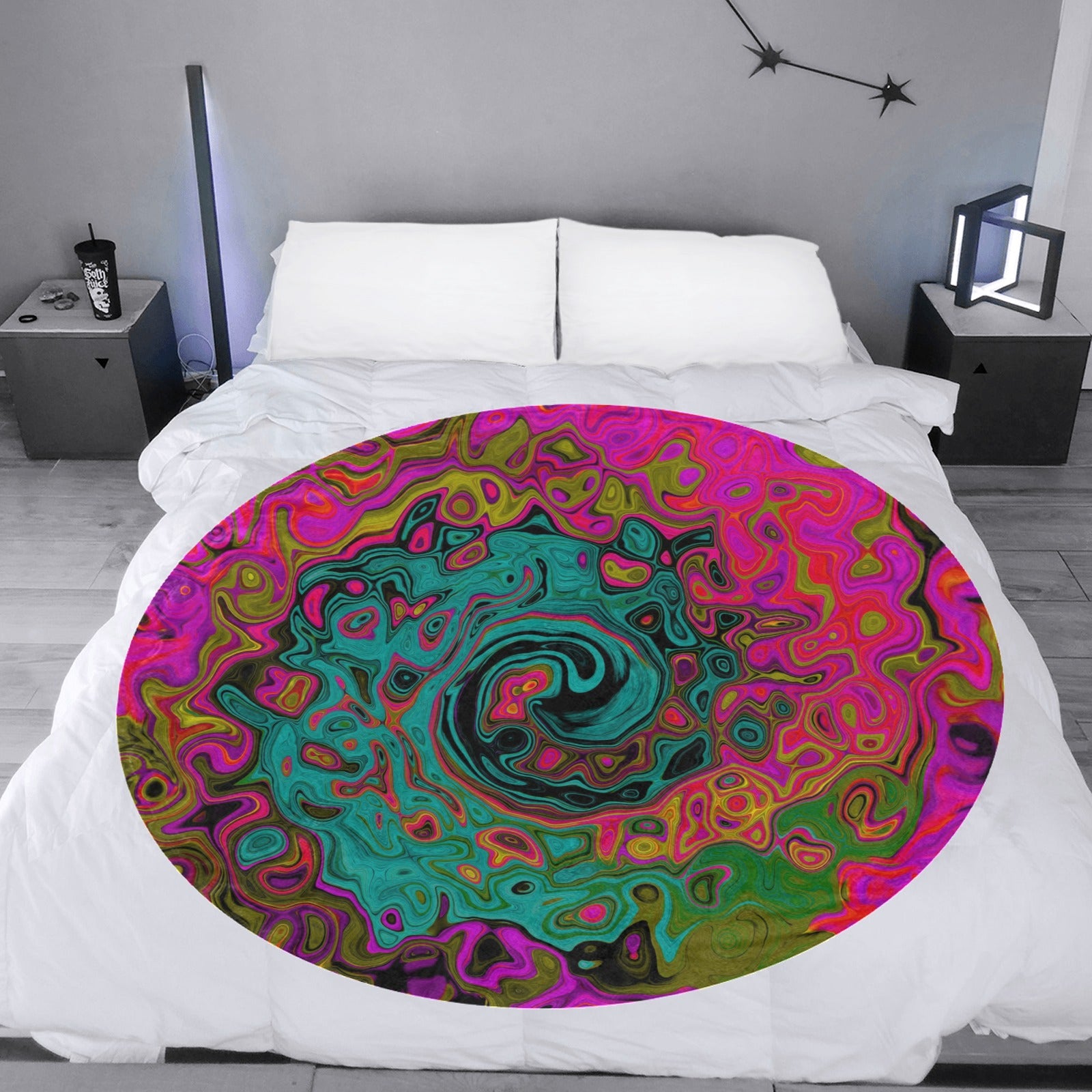 Round Throw Blankets, Trippy Turquoise Abstract Retro Liquid Swirl