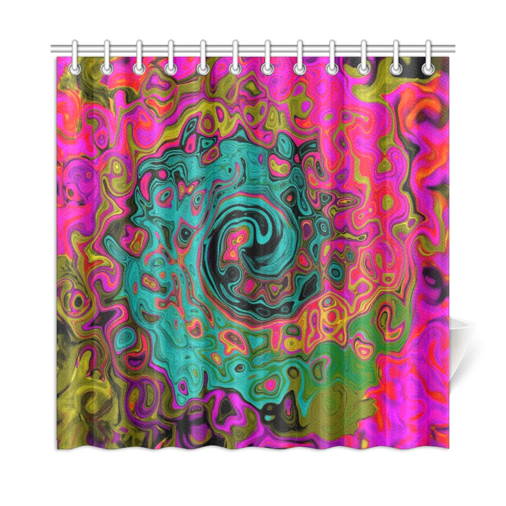 Shower Curtains, Trippy Turquoise Abstract Retro Liquid Swirl - 72 x 72