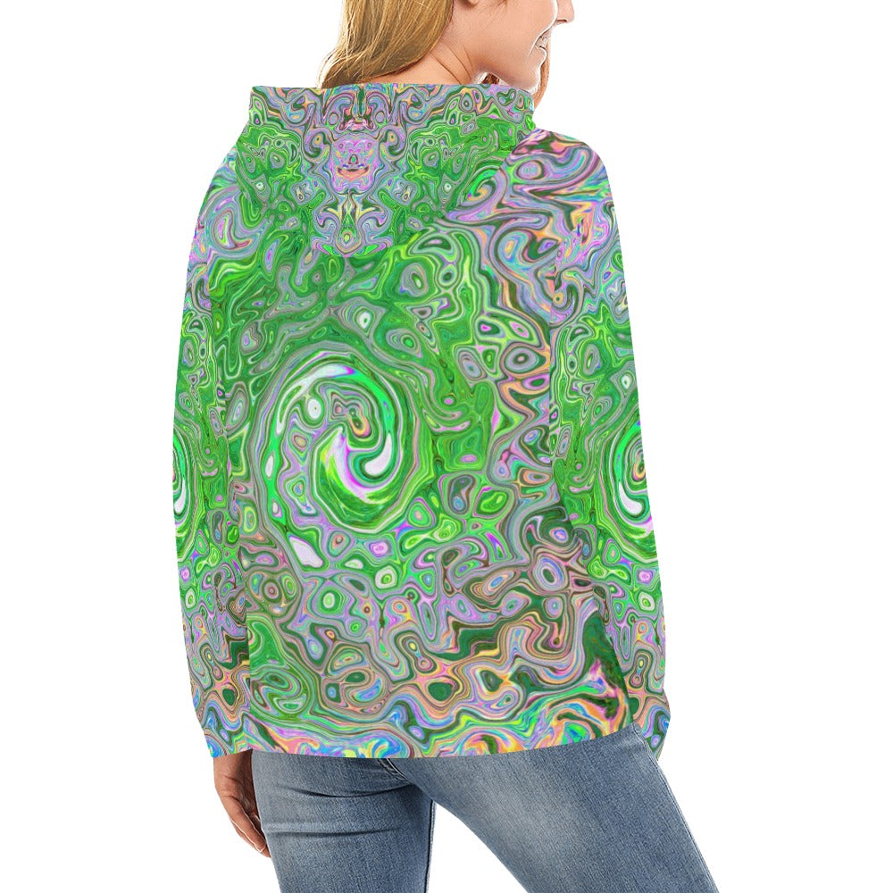 Hoodies for Women, Trippy Lime Green and Pink Abstract Retro Swirl
