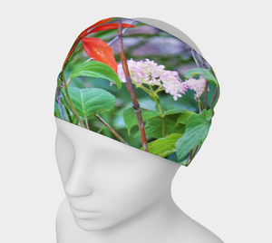 Wide Fabric Headband, Stormy Garden Landscape with Hydrangea and Lilies, Face Covering