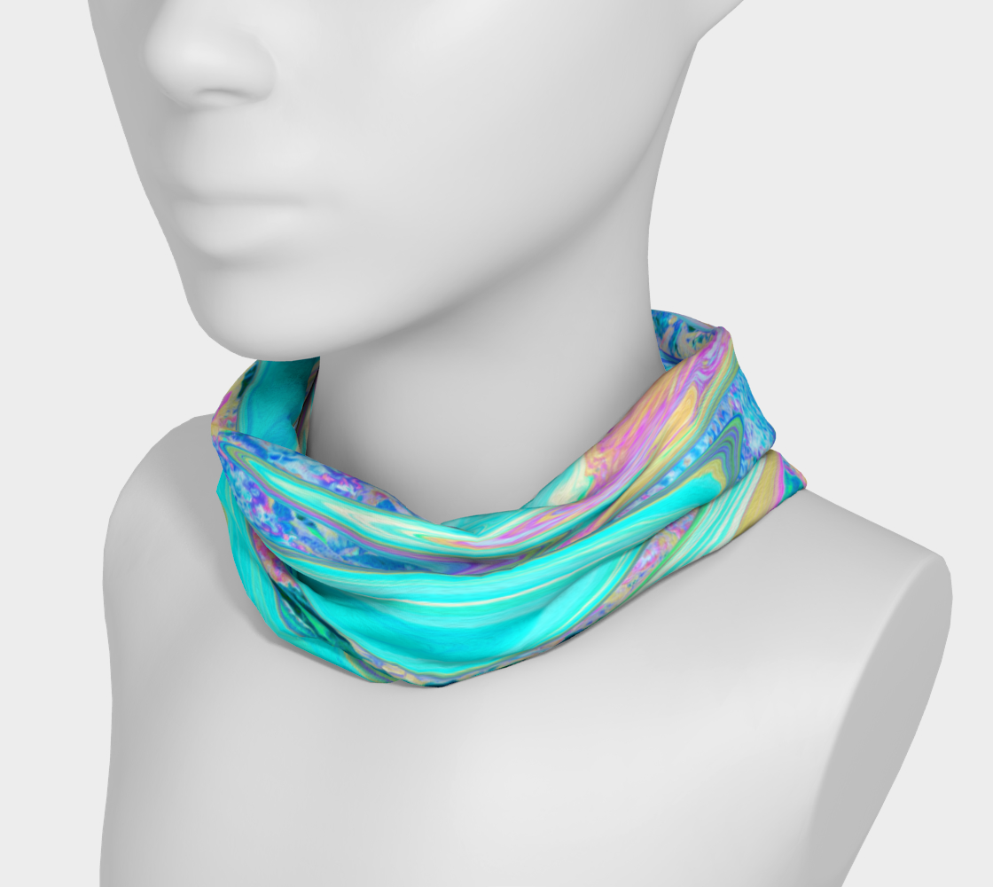 Wide Fabric Headband, Retro Aqua Blue Liquid Art on Abstract Hydrangeas, Face Covering