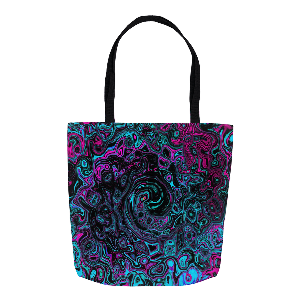 Tote Bags, Retro Aqua Magenta and Black Abstract Swirl
