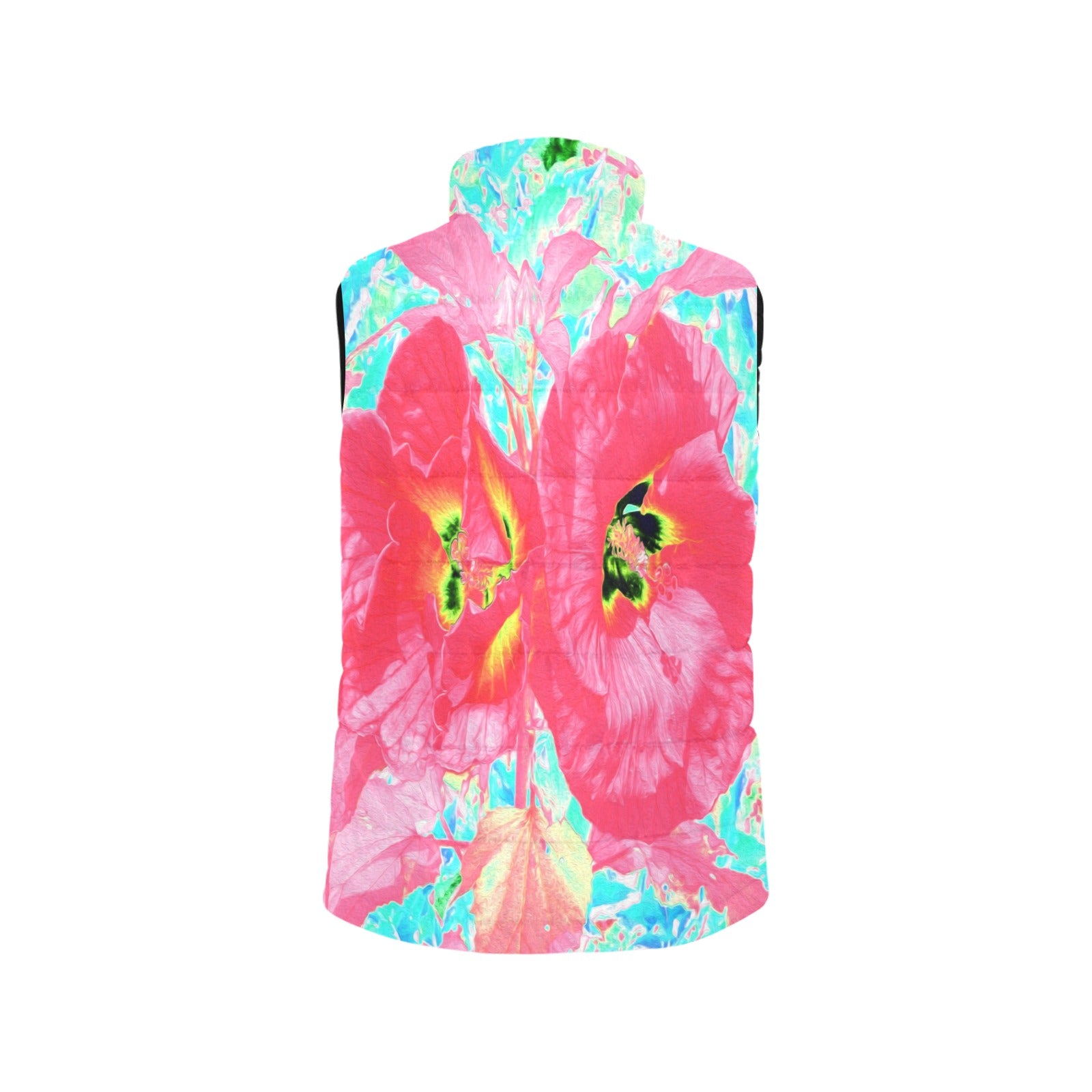 Women's Stand Collar Vest, Two Rosy Red Coral Plum Crazy Hibiscus on Aqua