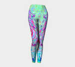 Colorful Artsy Leggings for Women, Groovy Abstract Retro Pink and Green Swirl