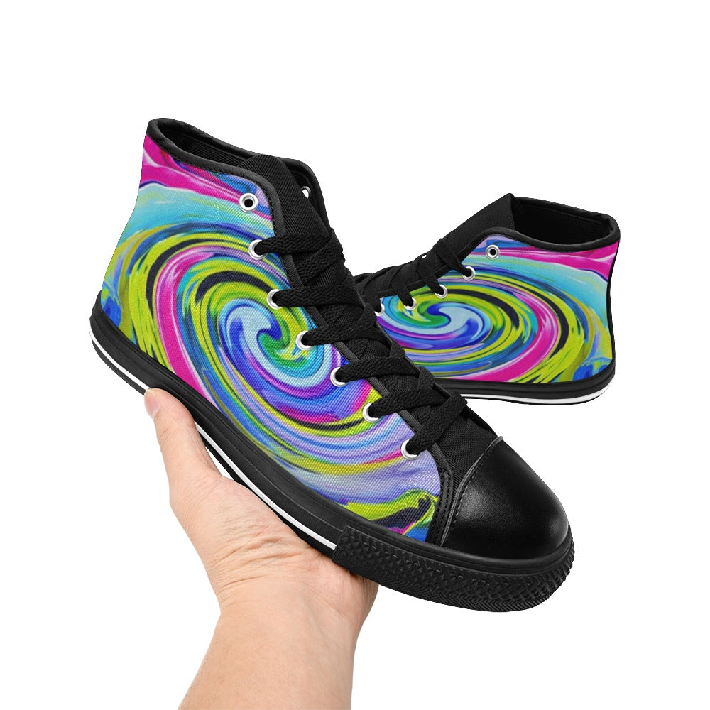 High Top Sneakers, Groovy Abstract Yellow and Navy Blue Swirl - Black