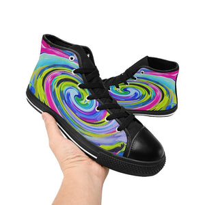 High Top Sneakers, Groovy Abstract Yellow and Navy Blue Swirl - Black