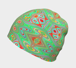 Beanie Hats, Trippy Retro Orange and Lime Green Abstract Pattern