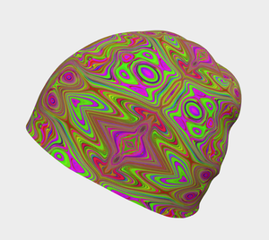 Beanie Hats, Trippy Retro Chartreuse Magenta Abstract Pattern