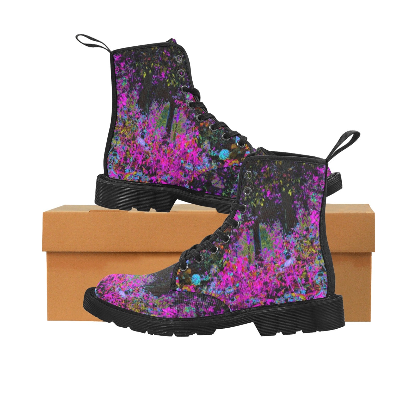 Boots for Women, Psychedelic Hot Pink and Black Garden Sunrise - Black