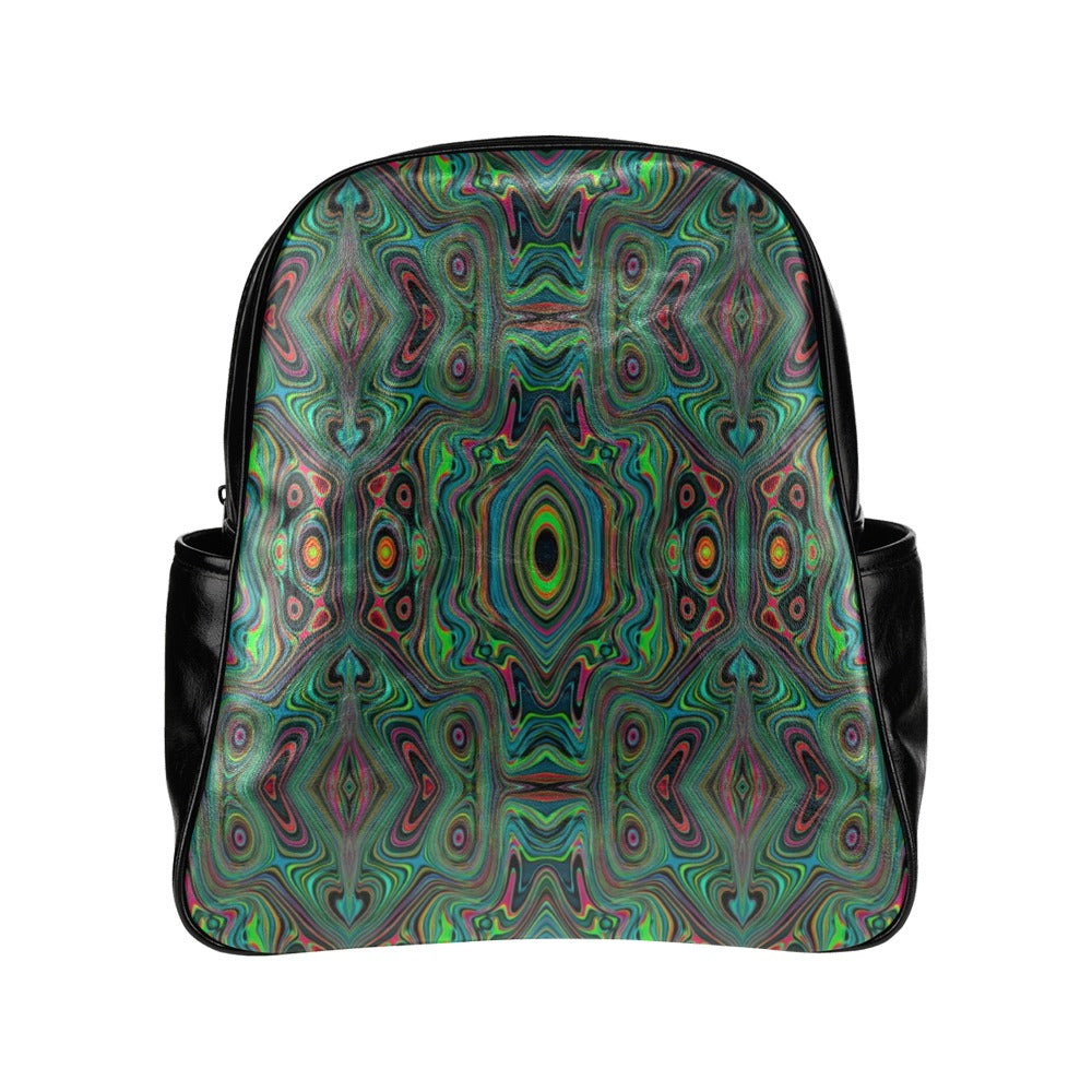 Backpack, Trippy Retro Black and Lime Green Abstract Pattern - Faux Leather