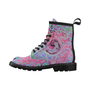 Lace Up Boots for Women - Pink and Lime Green Groovy Abstract Retro Swirl