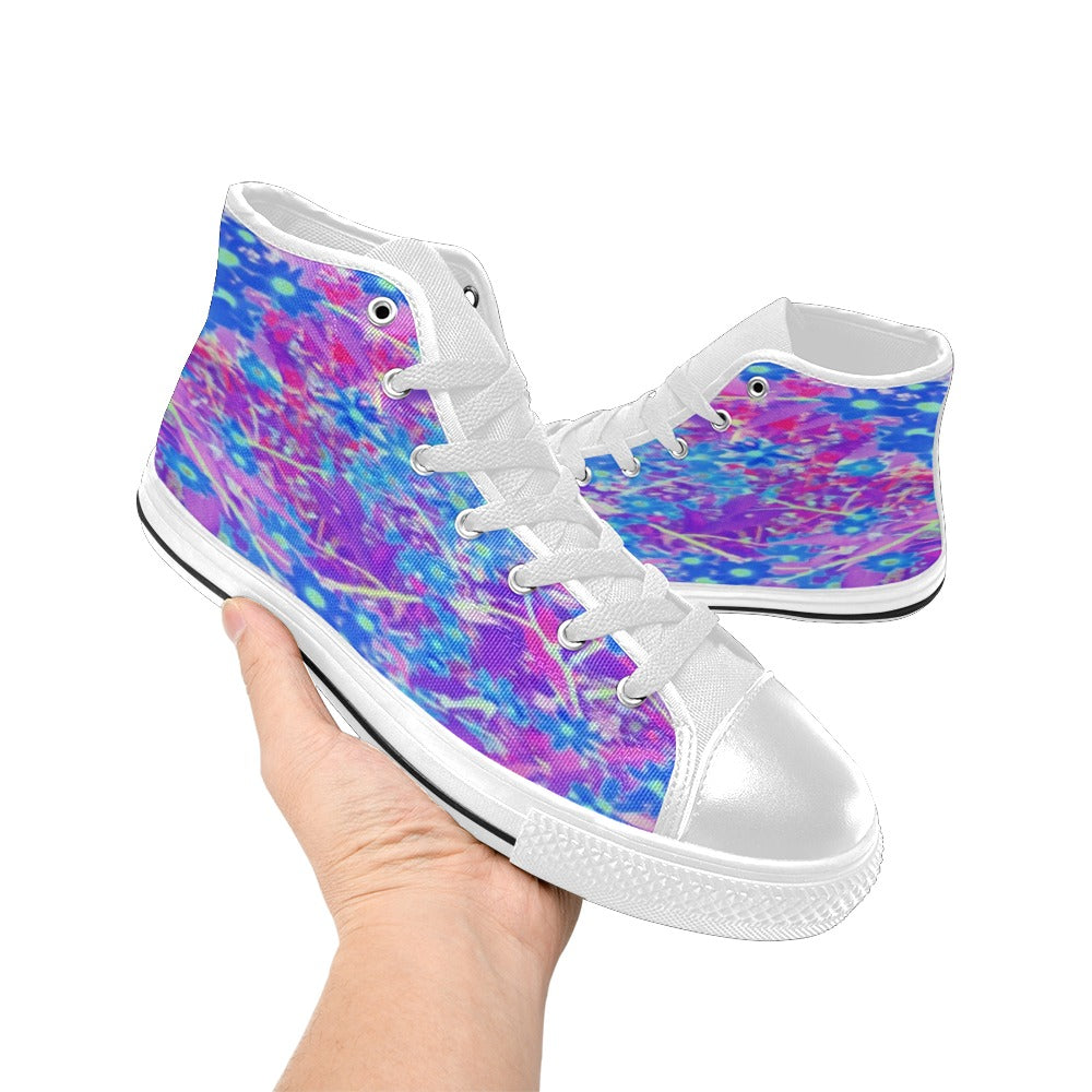 High Top Sneakers for Women, Pretty Violet Blue and Lime Green Flowers - White