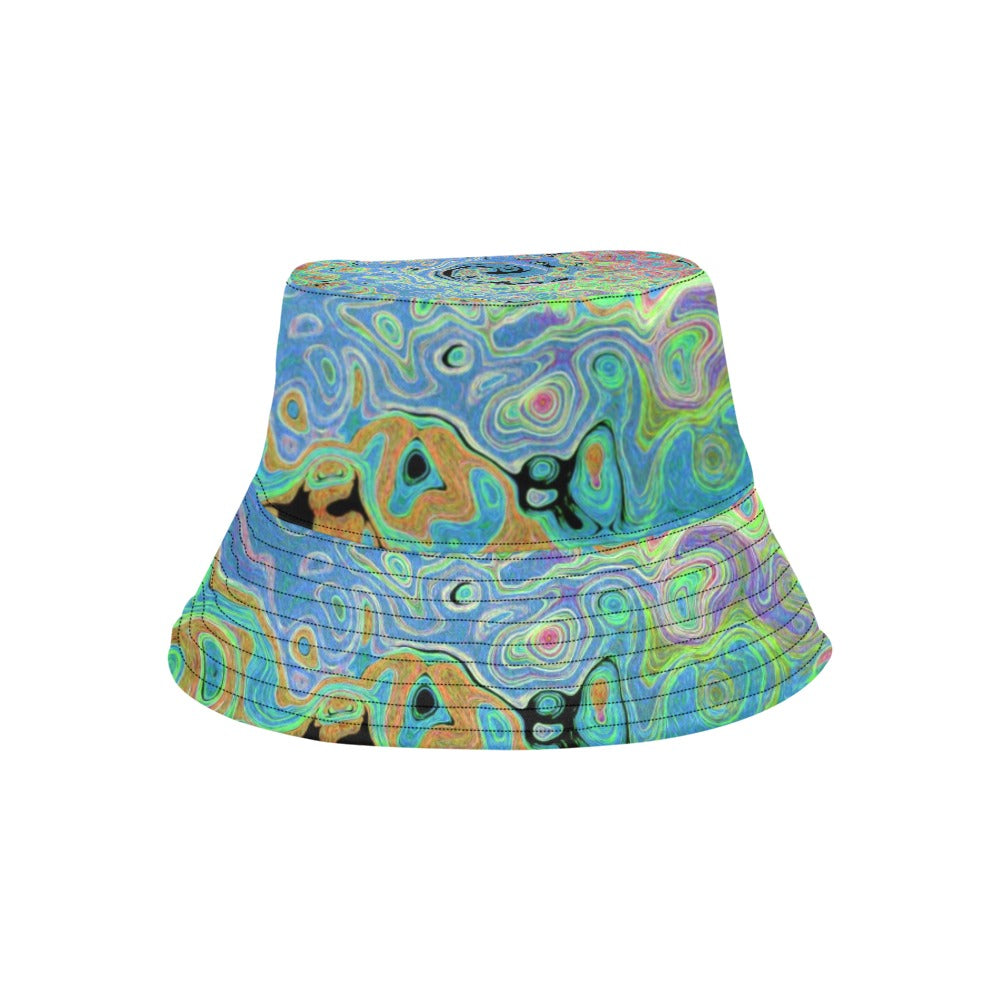 Bucket Hats, Watercolor Blue Groovy Abstract Retro Liquid Swirl