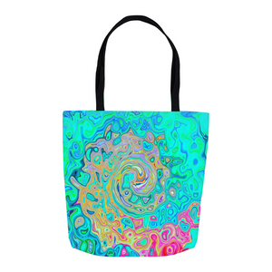 Tote Bags, Groovy Abstract Retro Rainbow Liquid Swirl