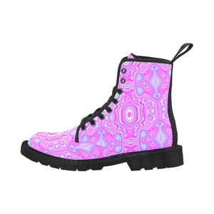 Boots for Women, Trippy Hot Pink and Aqua Blue Abstract Pattern - Black