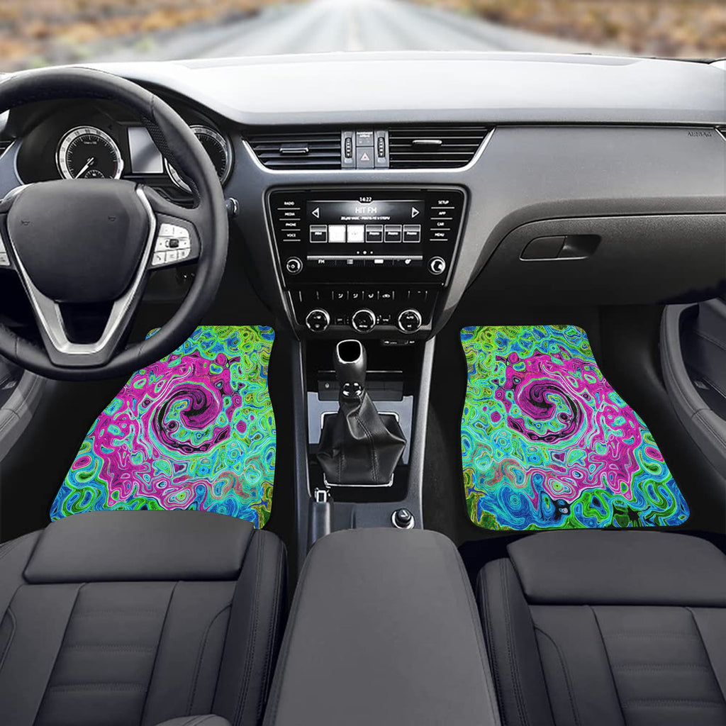 Car Floor Mats, Hot Pink and Blue Groovy Abstract Retro Liquid Swirl - Front Set of 2