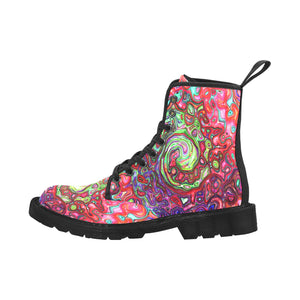 Boots For Women, Watercolor Red Groovy Abstract Retro Liquid Swirl - Black