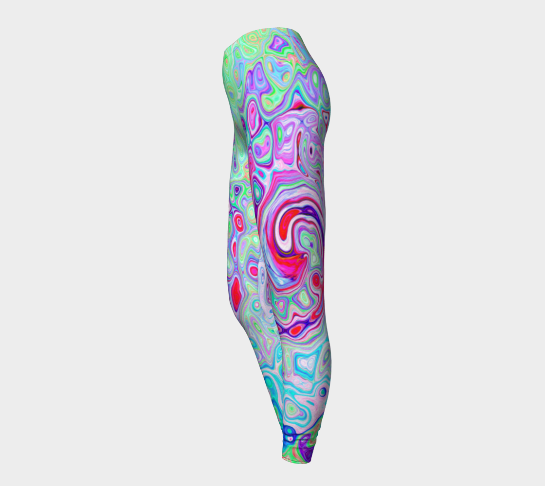 Colorful Artsy Leggings for Women, Groovy Abstract Retro Pink and Green Swirl