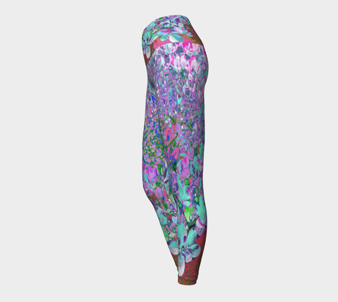 Artsy Yoga Leggings, Elegant Aqua and Purple Limelight Hydrangea Detail