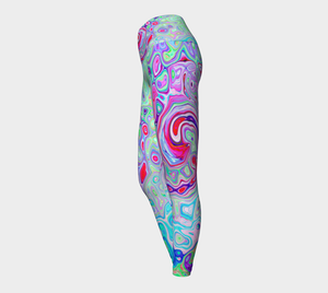 Artsy Yoga Leggings, Groovy Abstract Retro Pink and Green Swirl