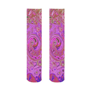 Socks for Women, Hot Pink Marbled Colors Abstract Retro Swirl