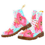 Boots for Women, Two Rosy Red Coral Plum Crazy Hibiscus on Aqua - White