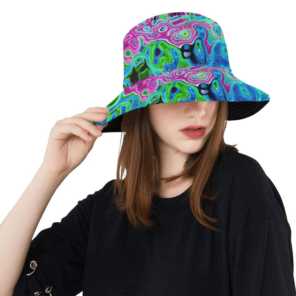 Bucket Hats, Hot Pink and Blue Groovy Abstract Retro Liquid Swirl