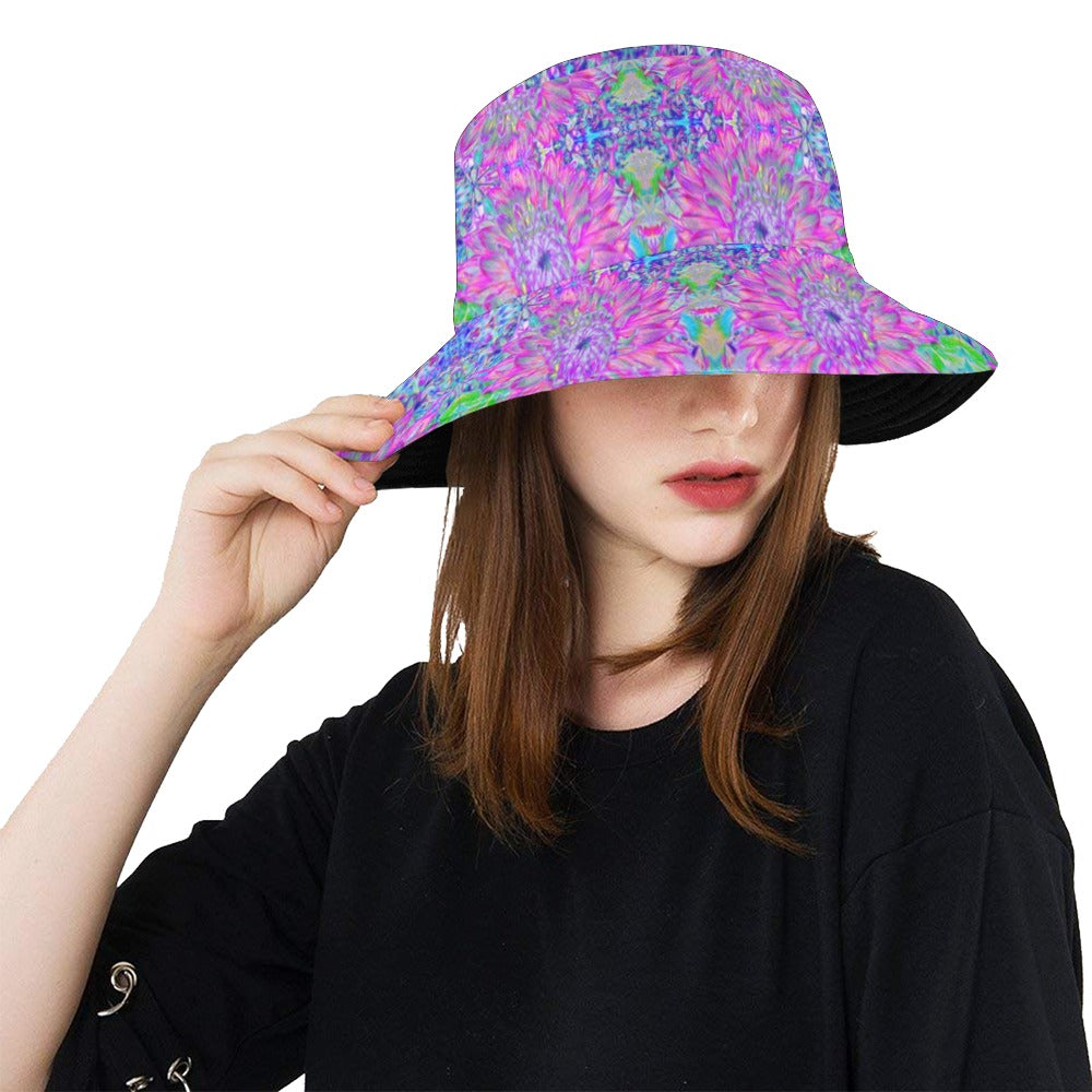 Bucket Hats for Women, Cool Magenta, Pink and Purple Dahlia Pattern