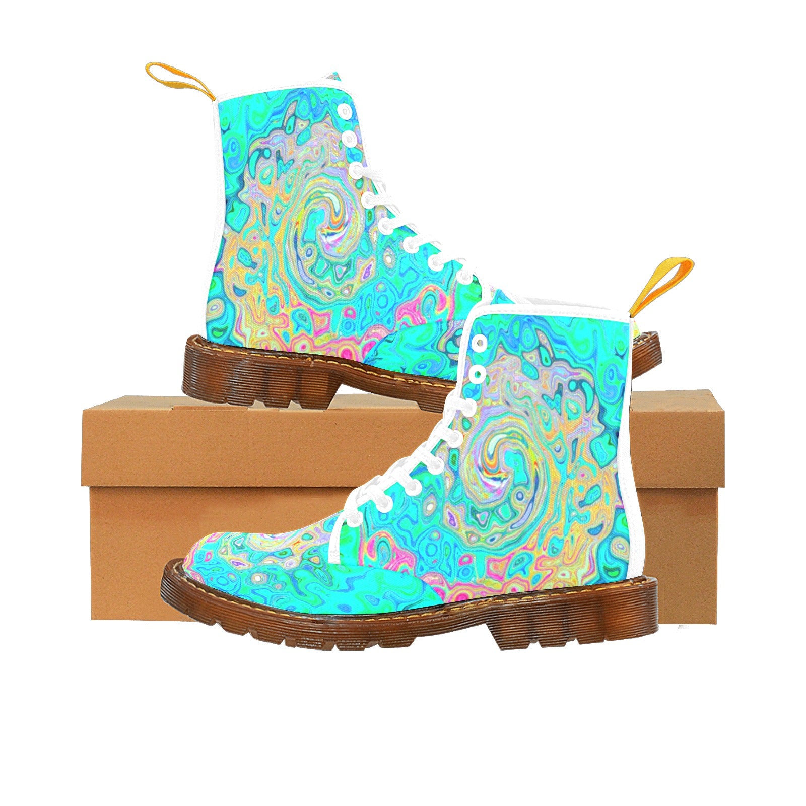 Boots for Women, Groovy Abstract Retro Rainbow Liquid Swirl - White