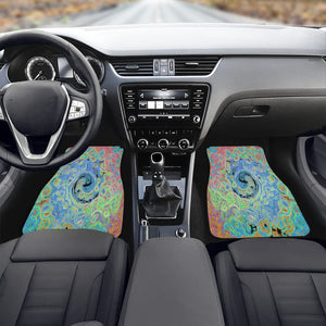 Car Floor Mats, Watercolor Blue Groovy Abstract Retro Liquid Swirl - Front Set of Two