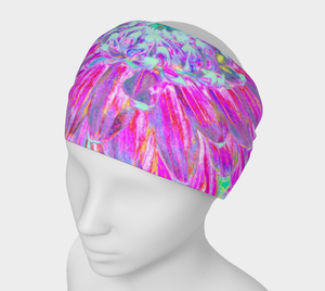Wide Fabric Headband, Magenta and Light Blue Decorative Dahlia Detail, Face Covering