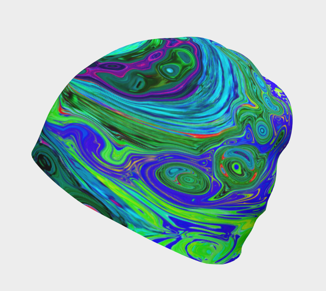 Beanie Hats, Groovy Abstract Retro Green and Blue Swirl