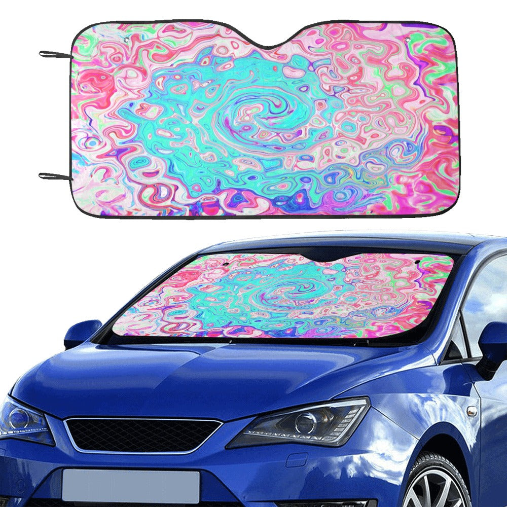 Auto Sun Shades, Groovy Aqua Blue and Pink Abstract Retro Swirl