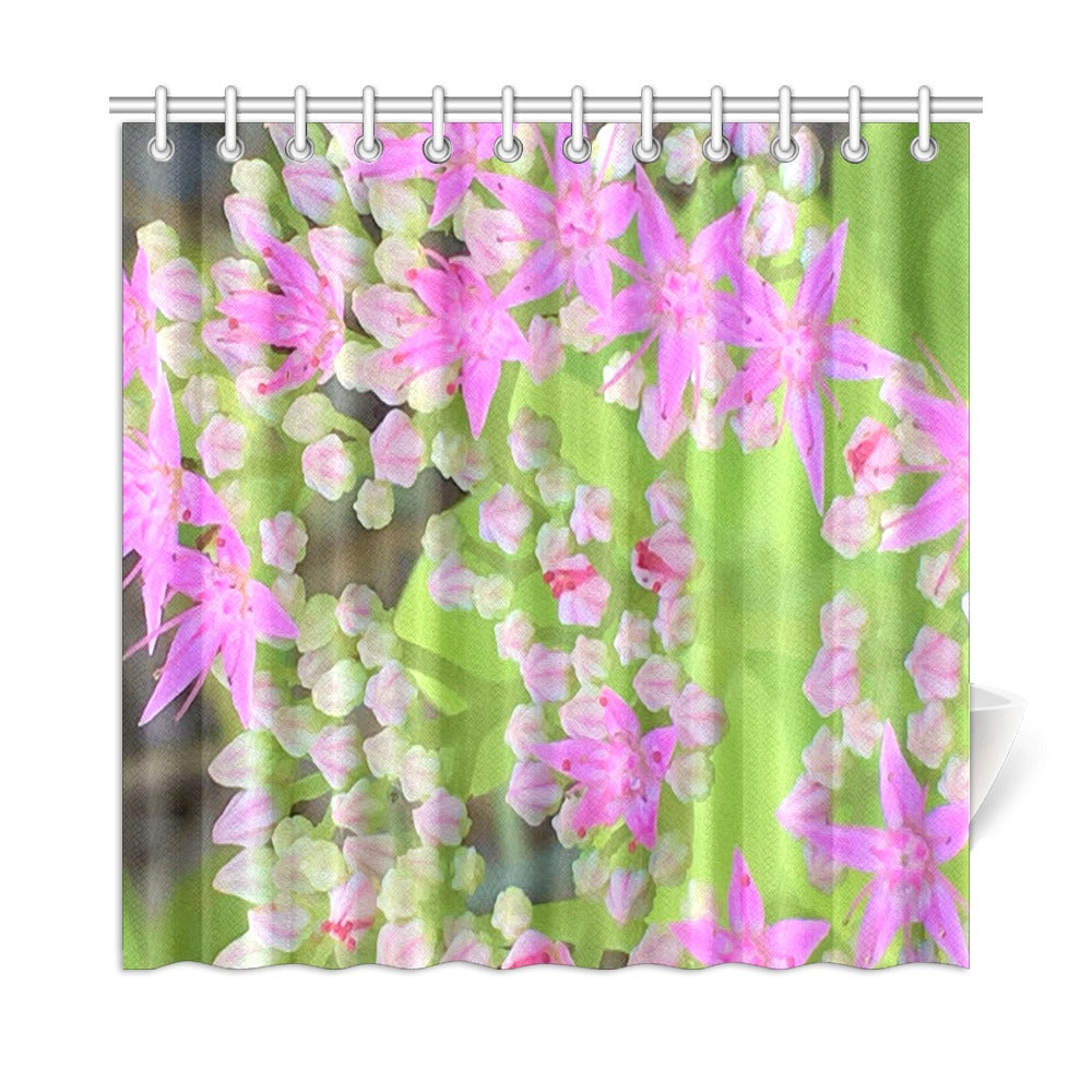 Shower Curtains, Green Succulent Sedum with Hot Pink Flowers