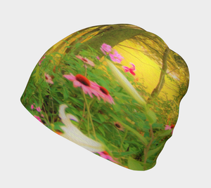 Beanie Hat, Golden Sunrise with Pink Coneflowers in My Garden Beanies for Women