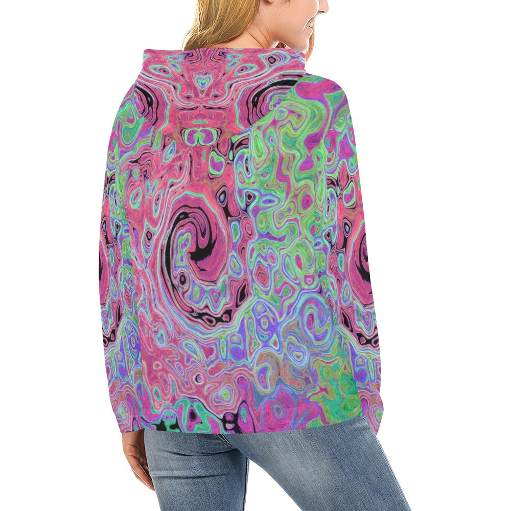 Hoodies for Women, Pink and Lime Green Groovy Abstract Retro Swirl