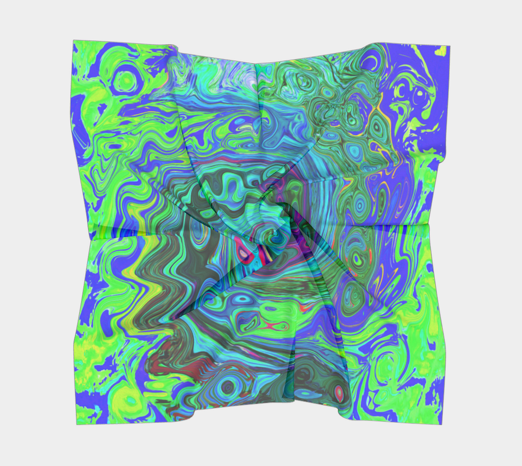Square Scarves for Women, Groovy Abstract Retro Green and Blue Swirl