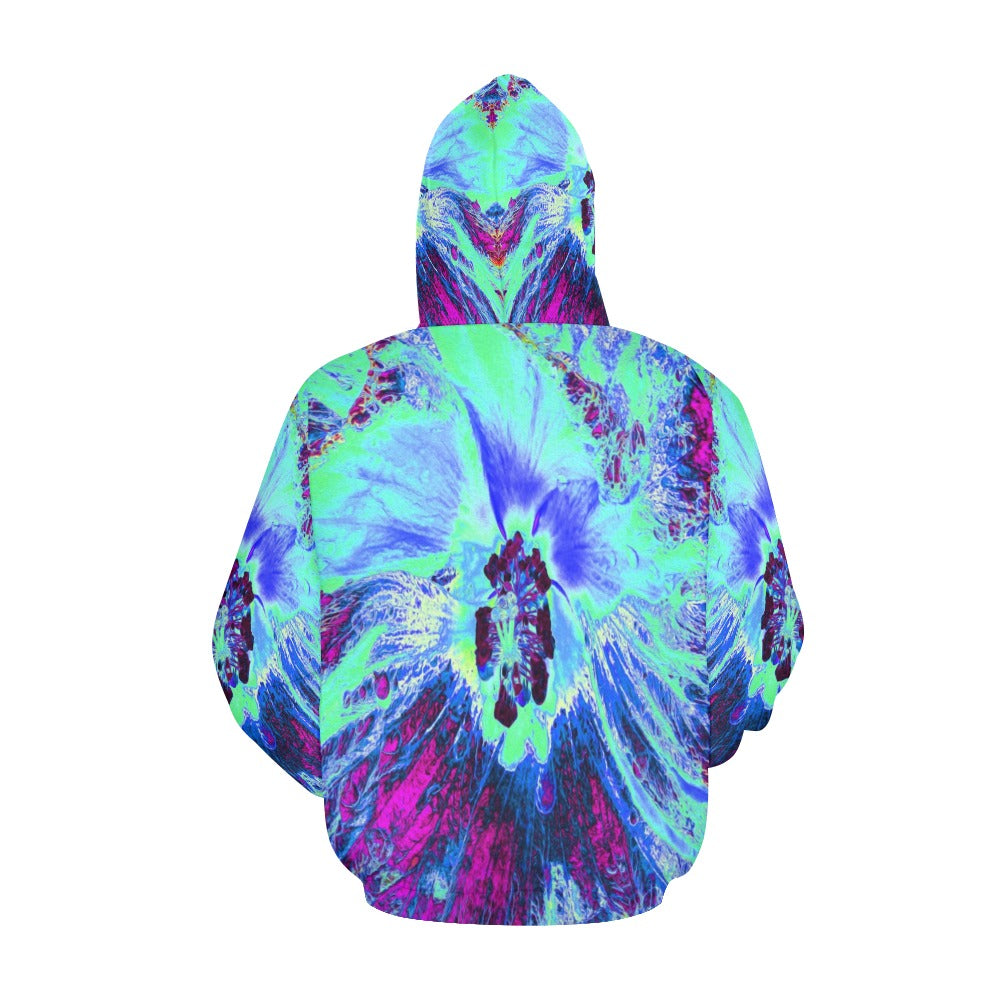Hoodies for Women, Psychedelic Retro Green and Blue Hibiscus Flower