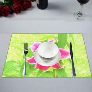 Cloth Placemats Set, Pretty Deep Pink Stargazer Lily on Lime Green